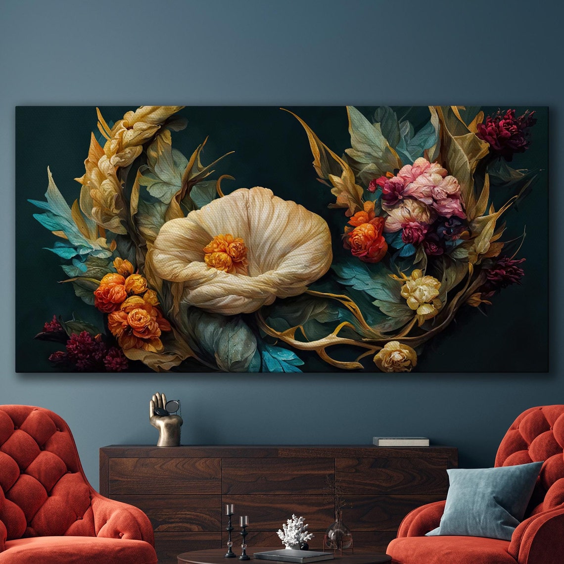 Moody Baroque Floral Dark Academia Vintage Flower Large Wall Art