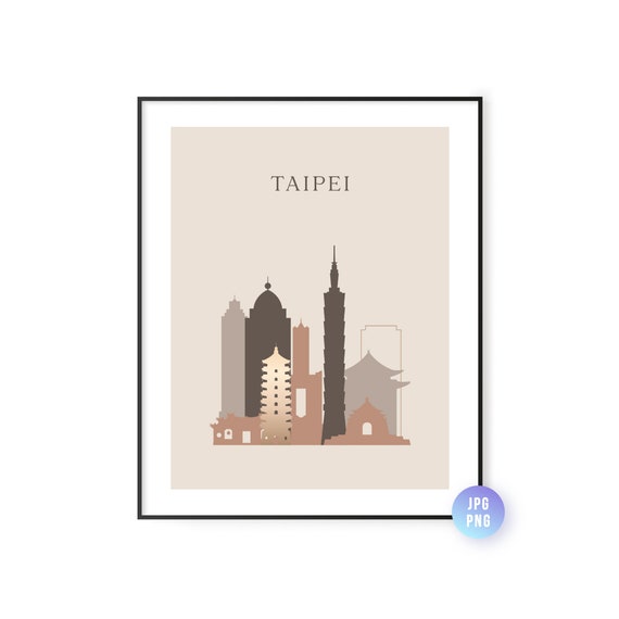 Taipei Skyline Boho Travel Poster, Modern City