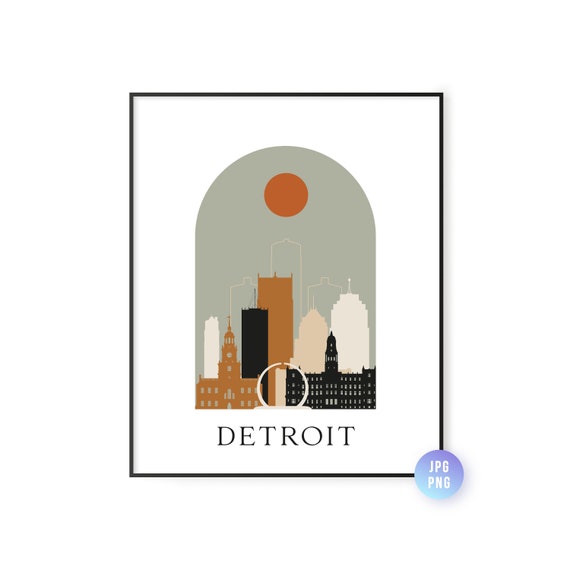 Detroit Skyline Bohemian Print Mi Boho Sun City Arc Mid Century Modern Decor Home Instant Jpg Png