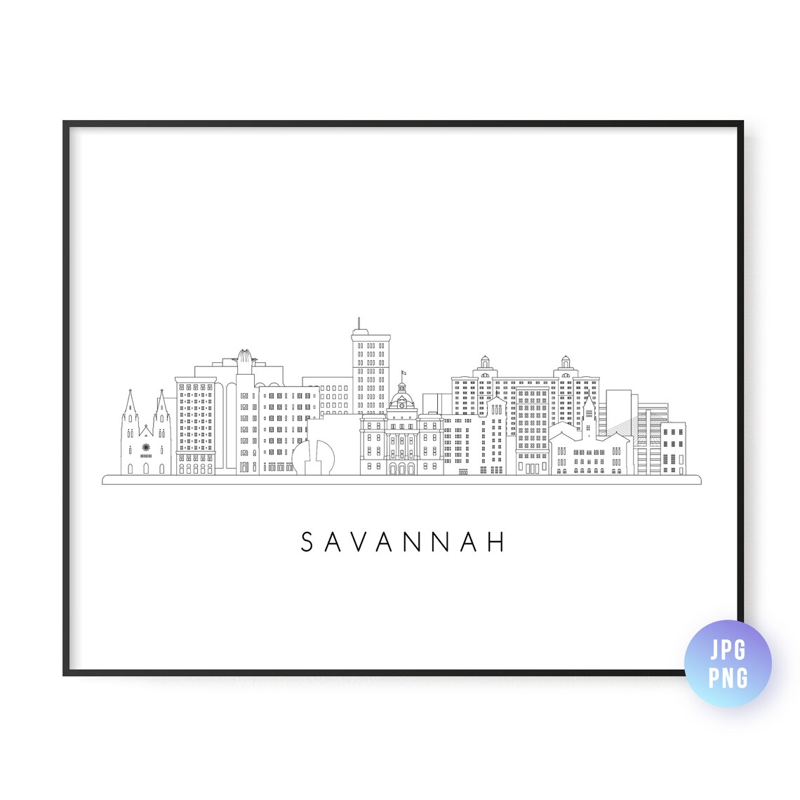 Savannah Skyline, Georgia City Line Art Travel Poster