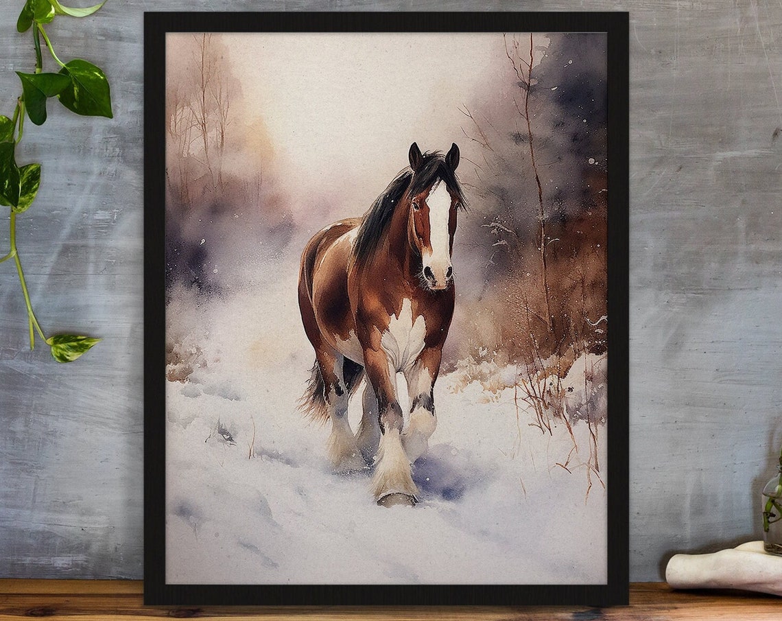 Clydesdale Horse in Snow Watercolor Winter Farm Animal Poster