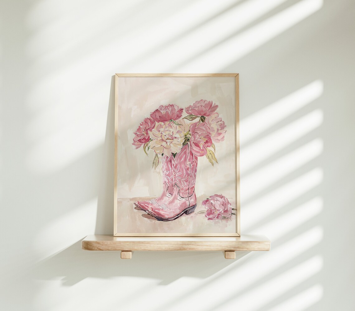 Pink Cowgirl Boots with Peonies Watercolor Western Art Poster - Image 3