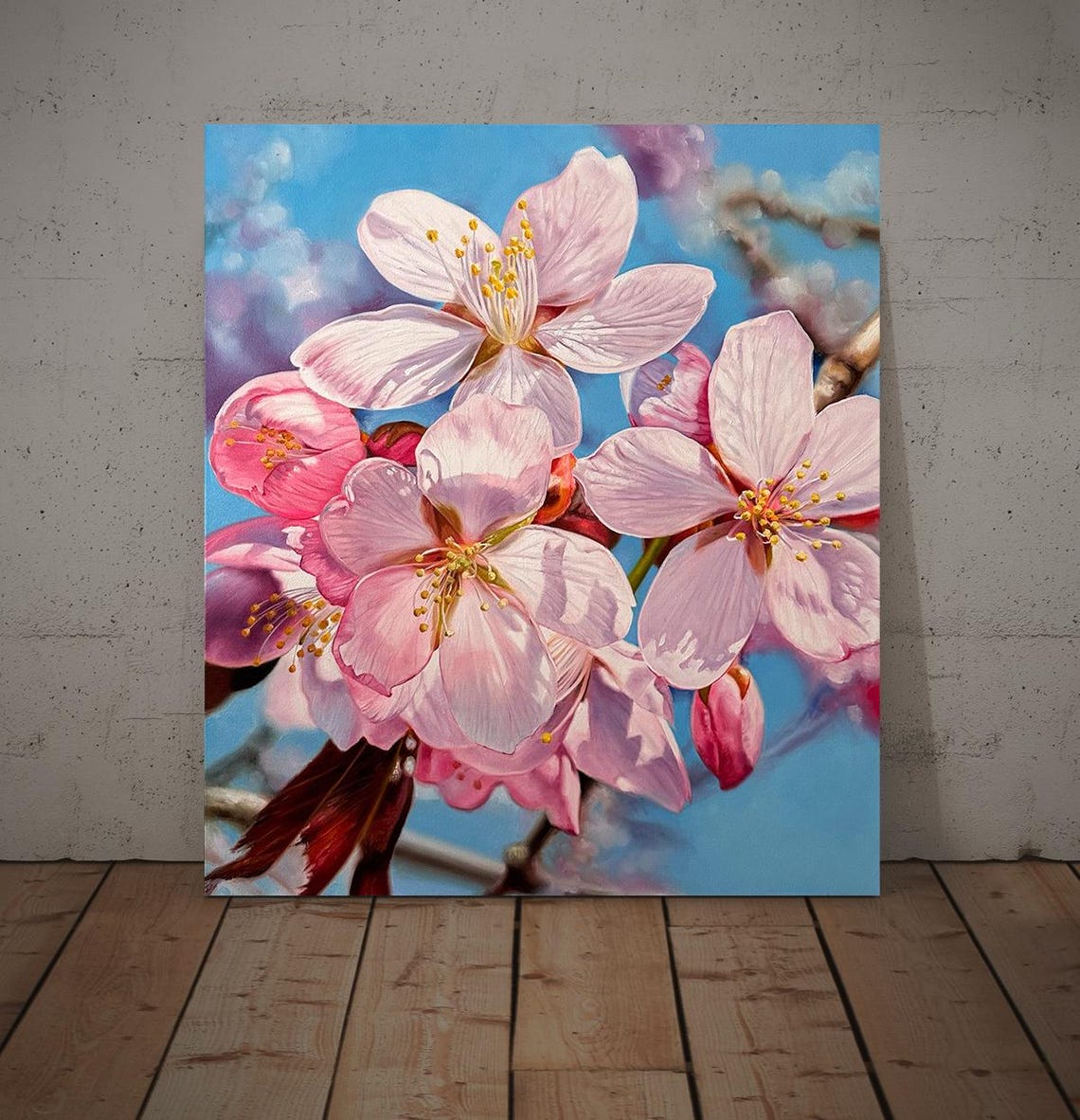 Pink Cherry Blossom Macro Branch Blue Sky Floral Oil Wall Art