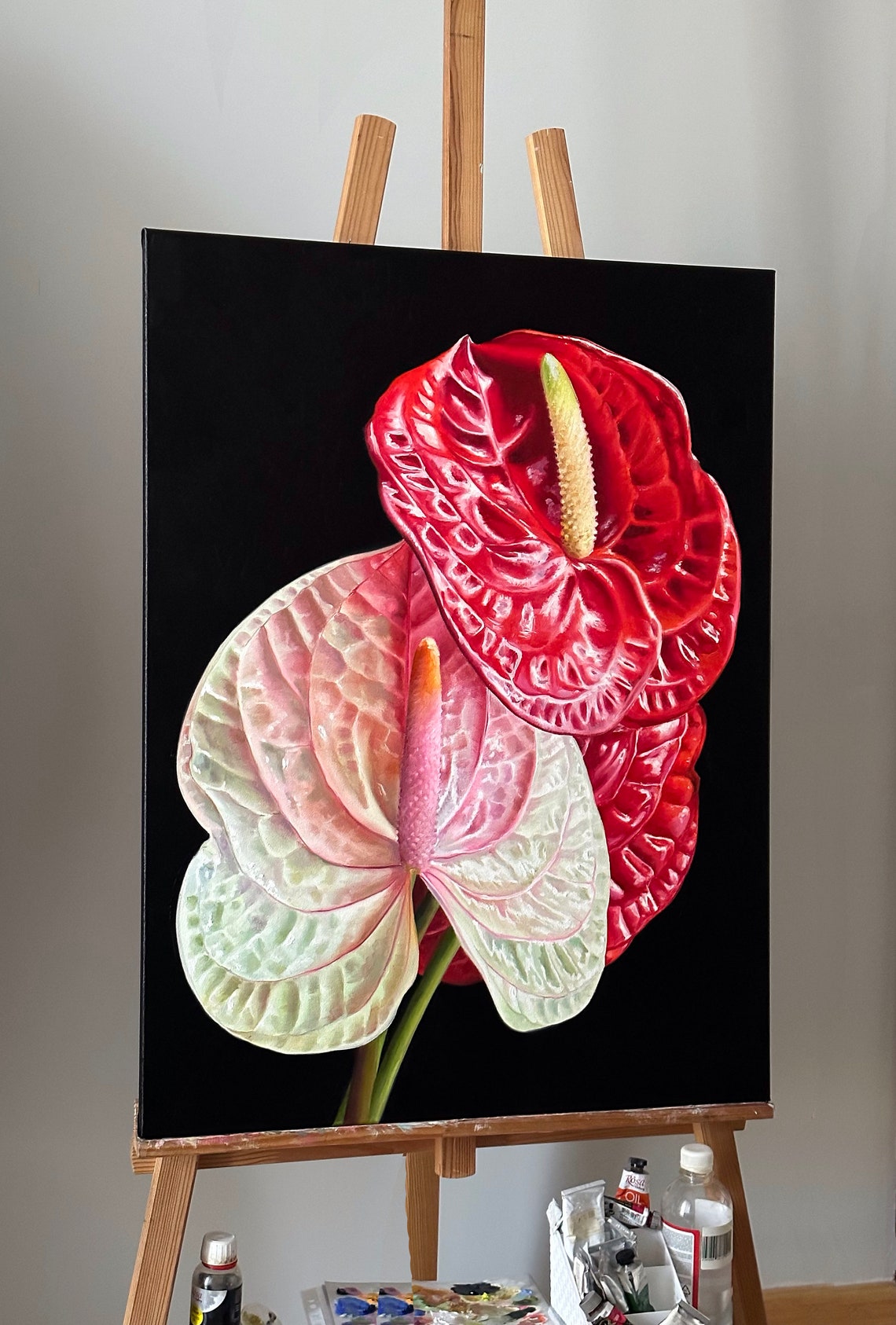 Red Pink Anthurium Tropical Flowers Black Ground Oil Wall Art - Image 2