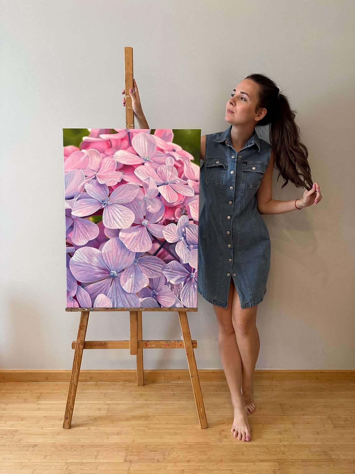 Pink Lavender Hydrangea Blossoms Close Up Realistic Oil Wall Art - Image 2