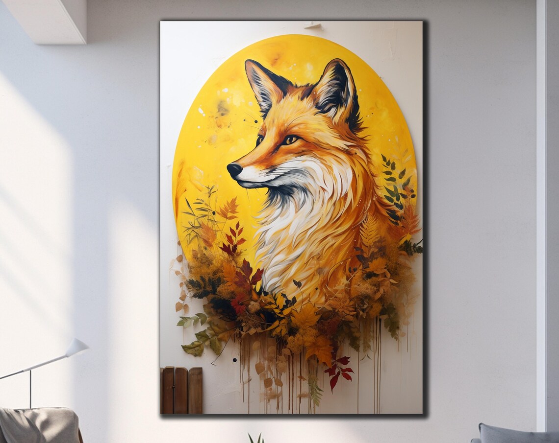 Red Fox Watercolor Golden Sun Autumn Leaves Woodland Art Wall Poster