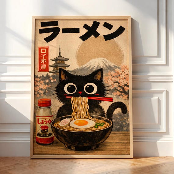 Ramen Cat Wall Art Japanese Anime Poster For Kitchen Decor Cute Illustration Print Unique Gift Lovers And Fans