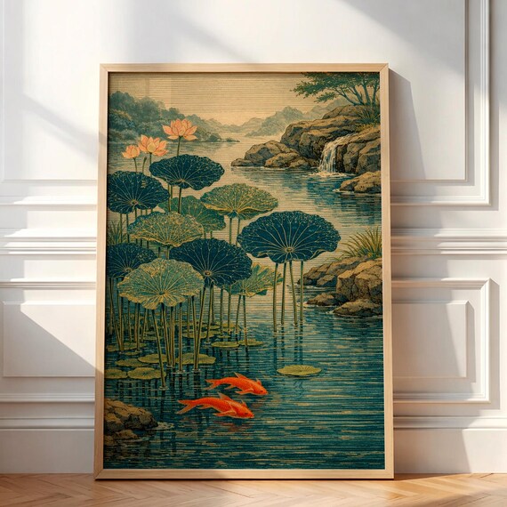 Japanese Koi Pond Art Lotus Flower Poster Zen Garden Wall Decor Japandi Style Print Wabi Sabi Artwork Asian Nature Gift Shin Hanga