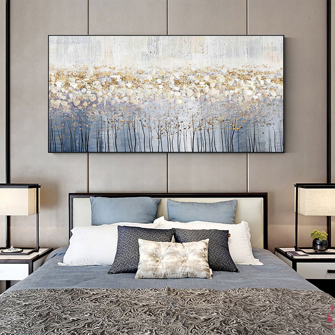 Silver Gold Birch Stems Minimalist Panoramic Oil Painting Art Print - Image 2