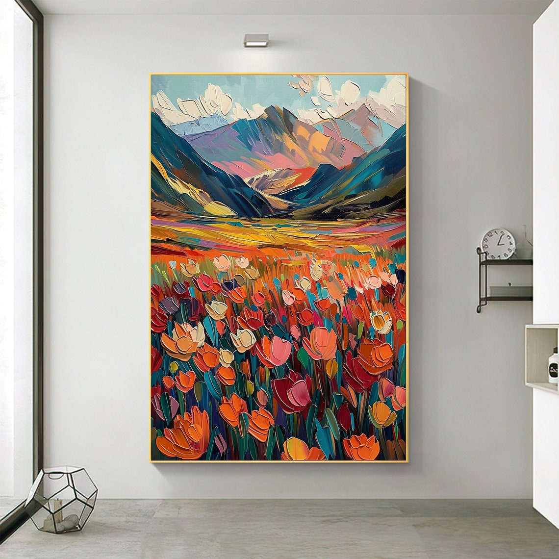 Colorful Tulip Meadow Blooming Before Majestic Mountain Peaks Poster