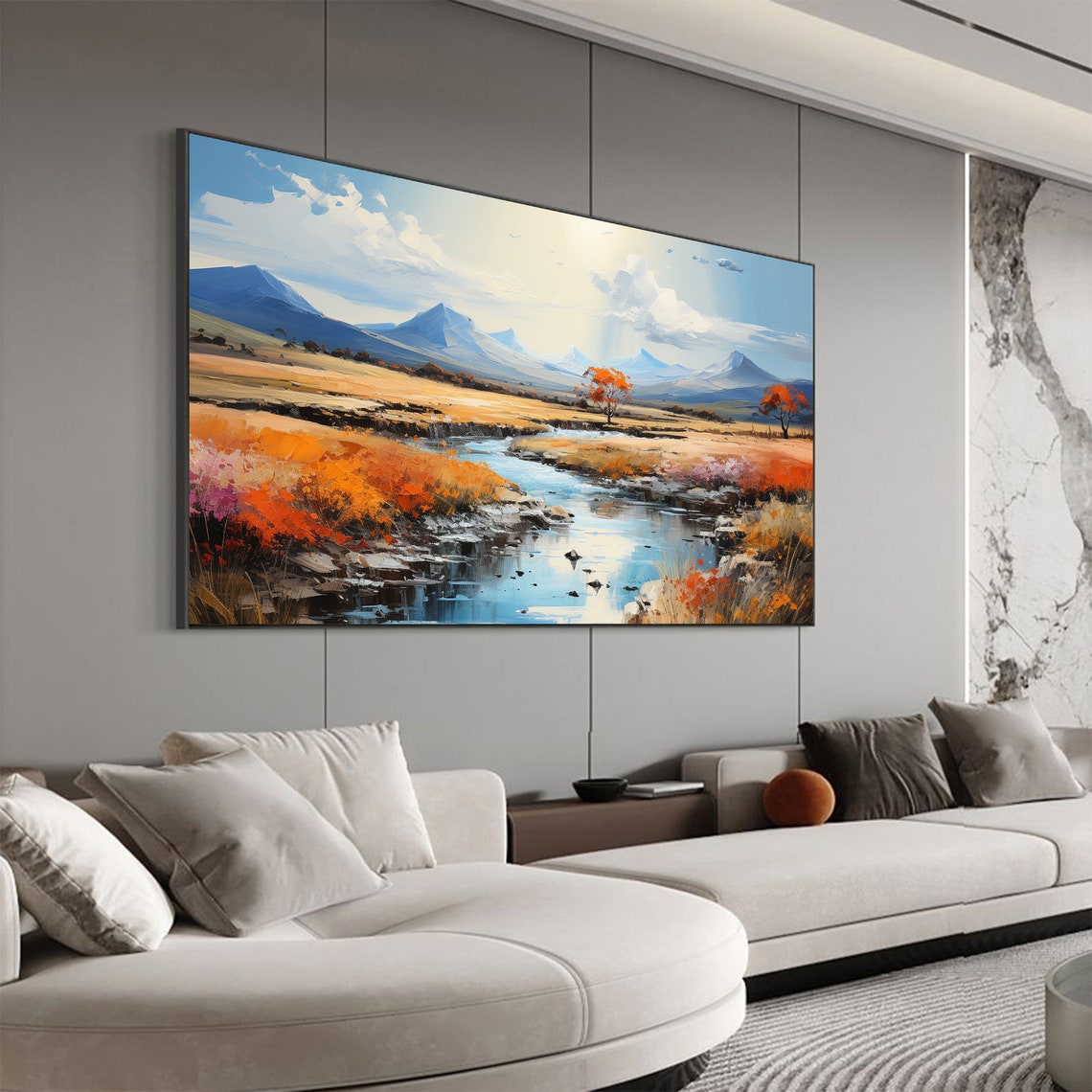 Autumn River Valley Blue Mountains Landscape Oil Painting Poster - Image 4