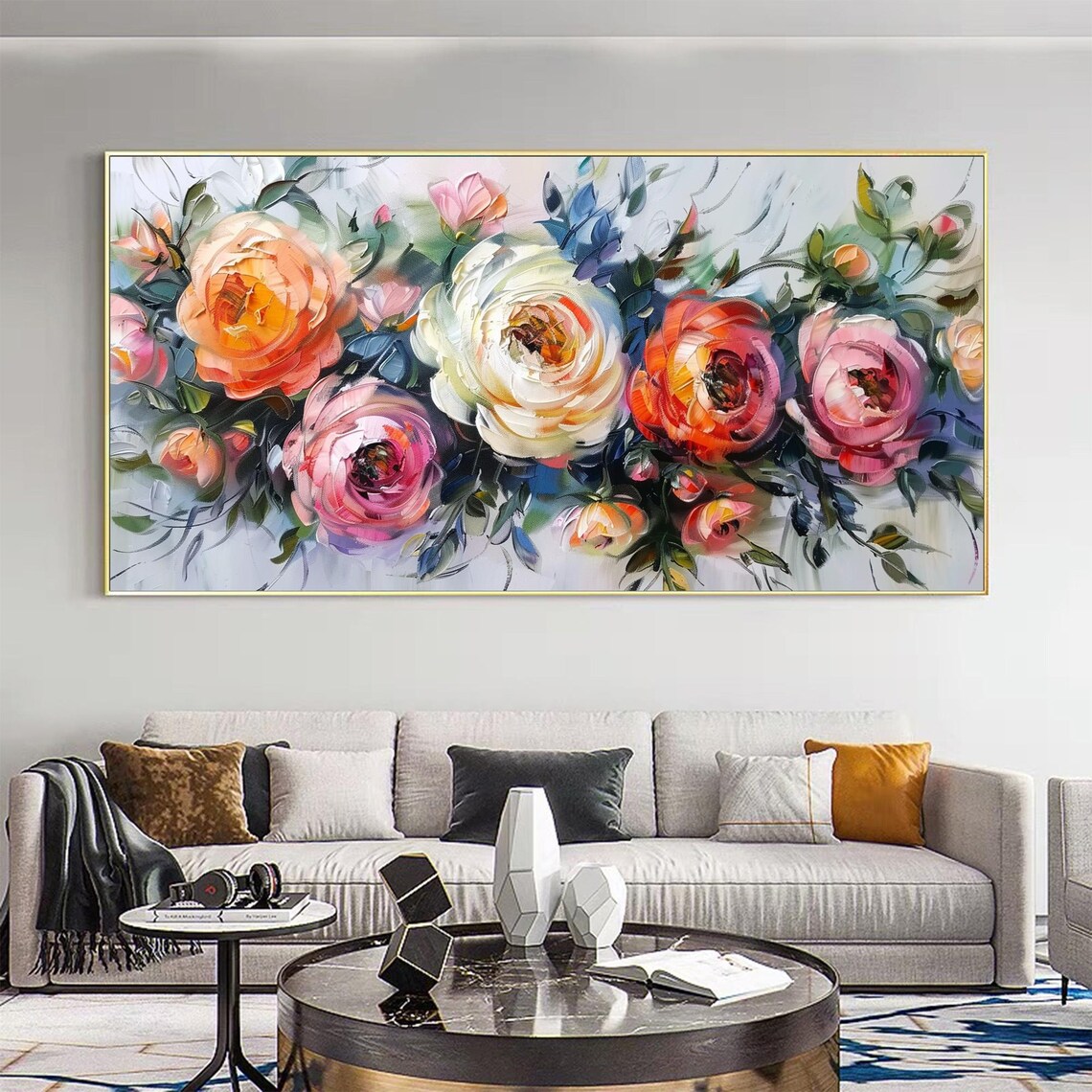 Bold Impasto Rose Bouquet on Teal Panoramic Oil Painting Art Print