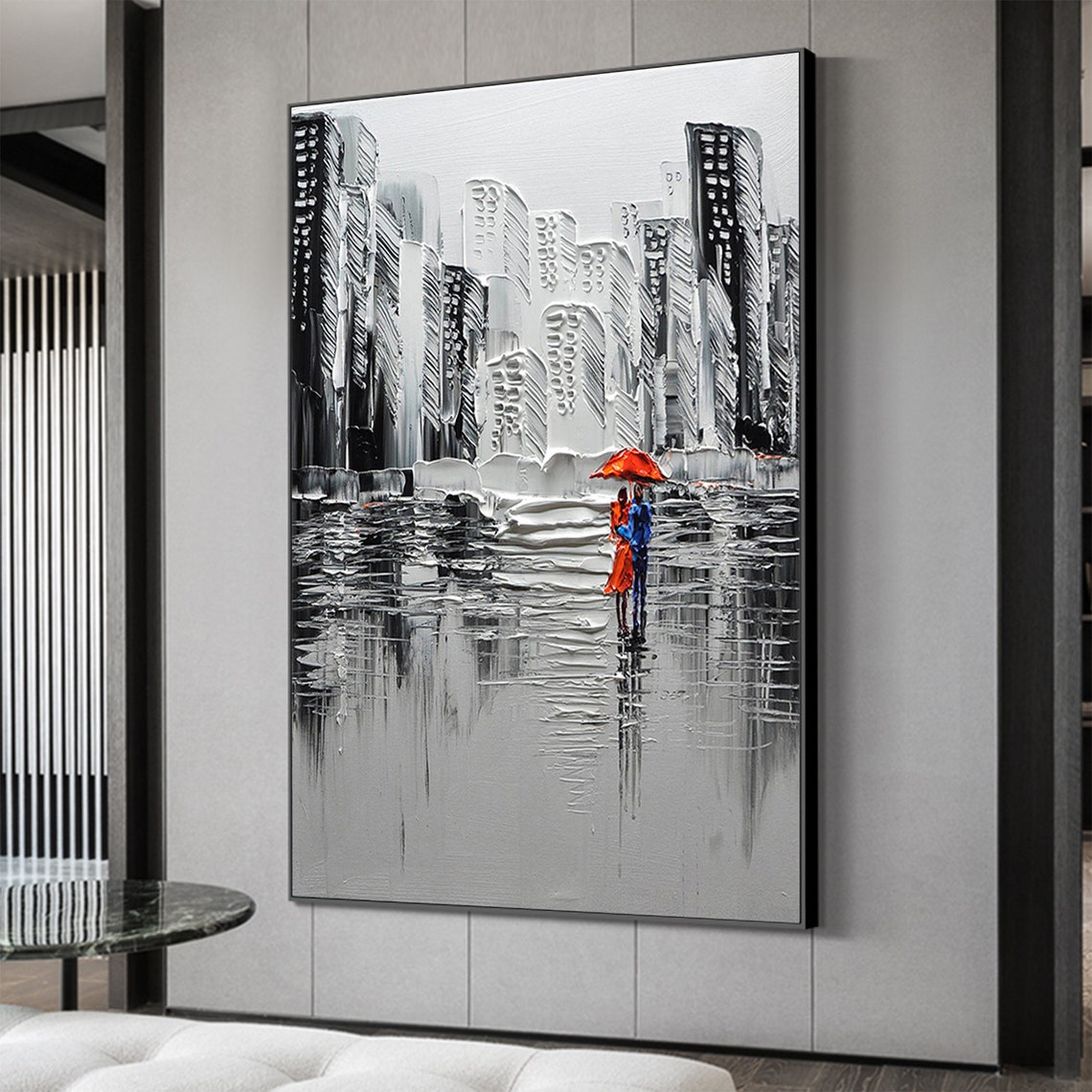 Large Abstract City Landscape Oil Painting On Romantic Couple Textured Modern Urban Wall Art Black Painting Living Room Home Decor - Image 3