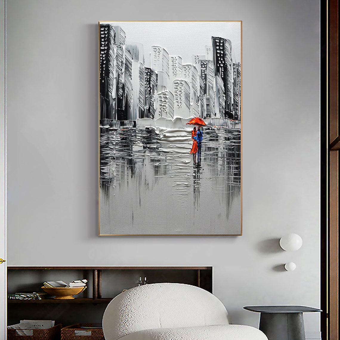 Rainy City Street Couple Red Umbrella Black White Urban Poster - Image 5