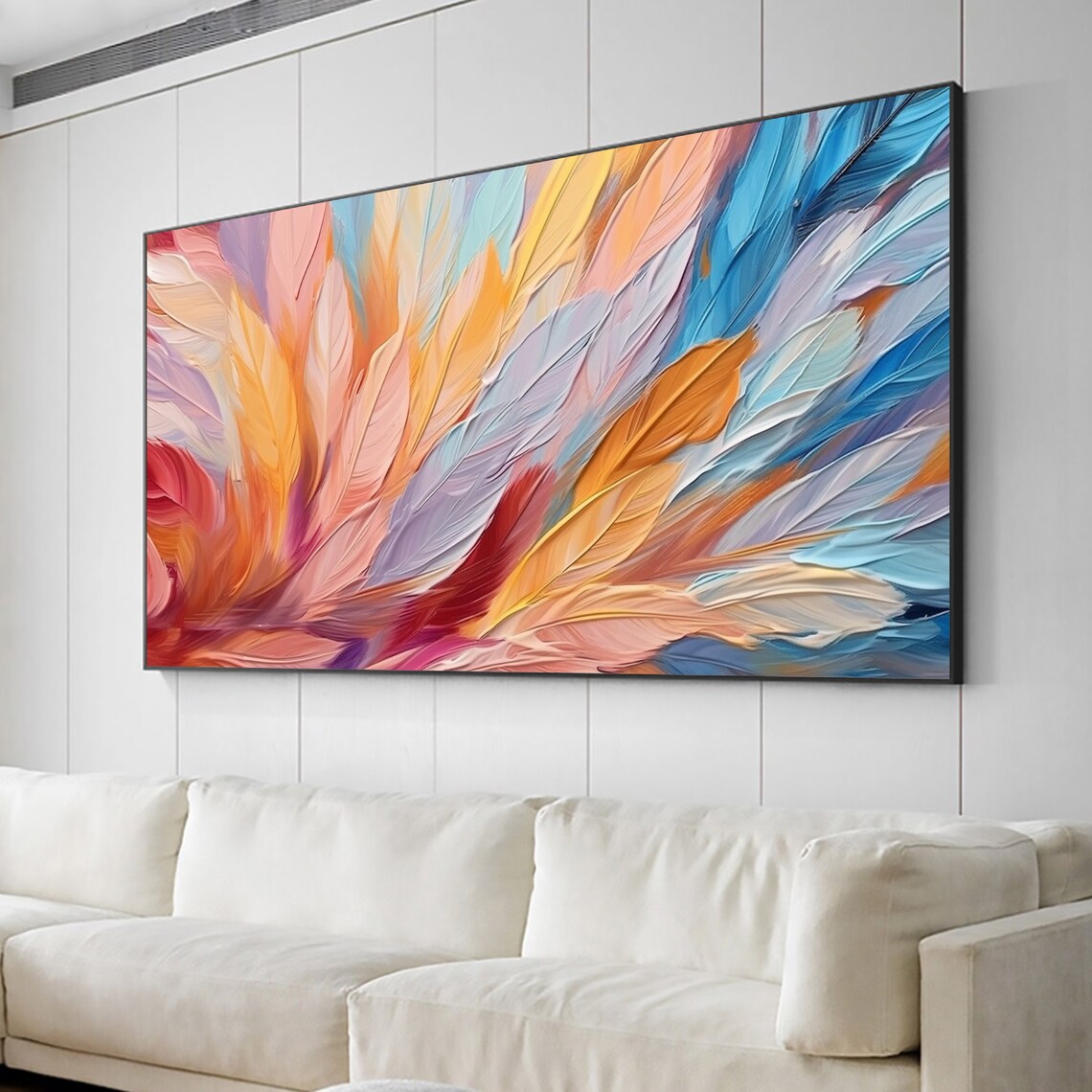 Colorful Feather Gradient Panoramic Oil Painting Modern Art Print - Image 4