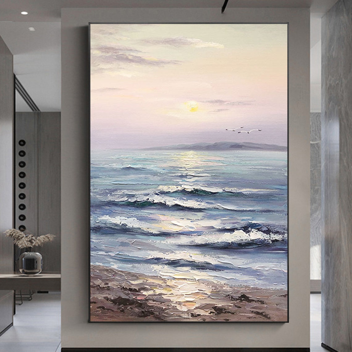 Pastel Ocean Sunset Rolling Waves Vertical Oil Painting Art Print - Image 6