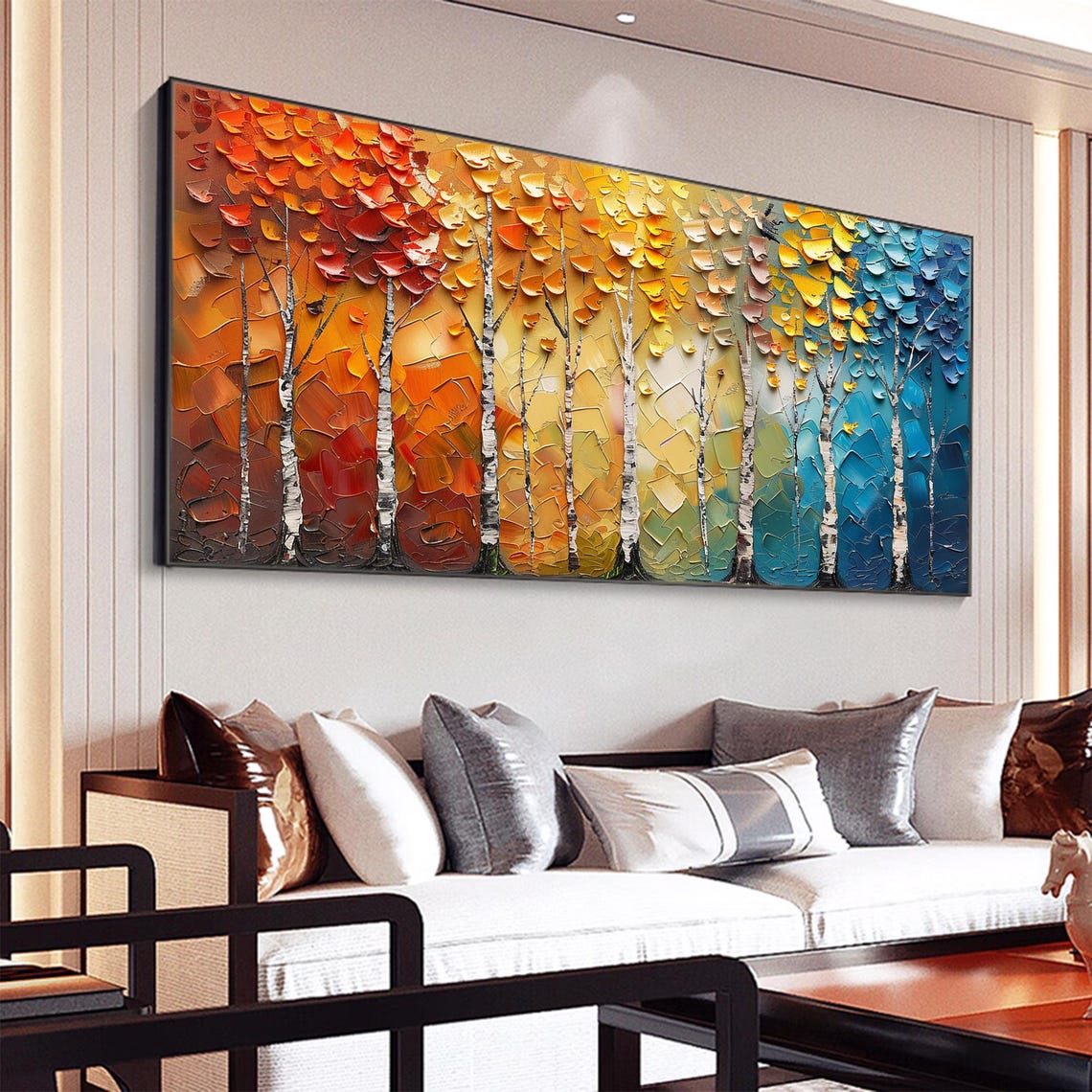 Four Seasons Birch Trees Colorful Leaves Knife Texture Poster - Image 5