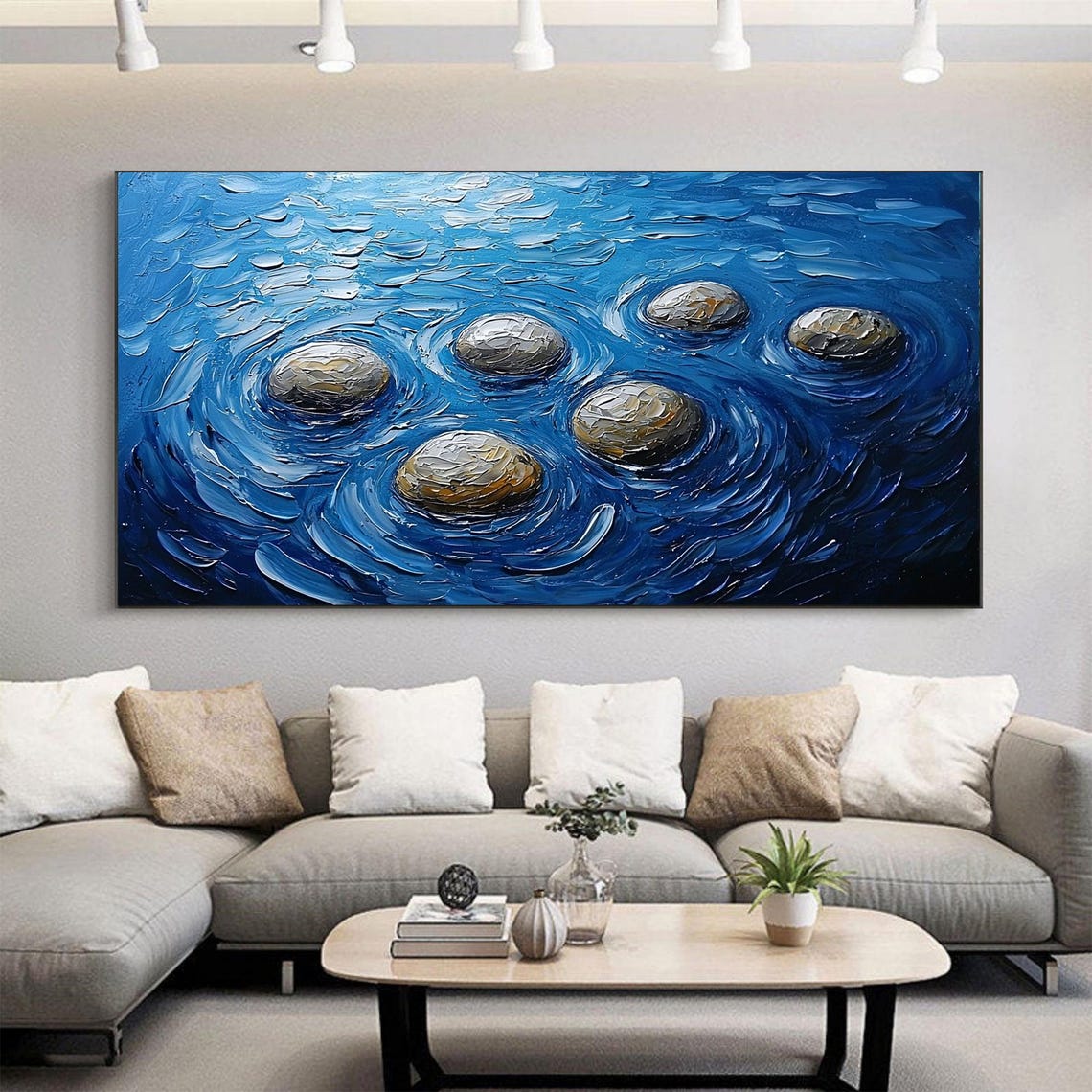 Smooth Grey Stones Rippling in Deep Blue Swirling Water Poster