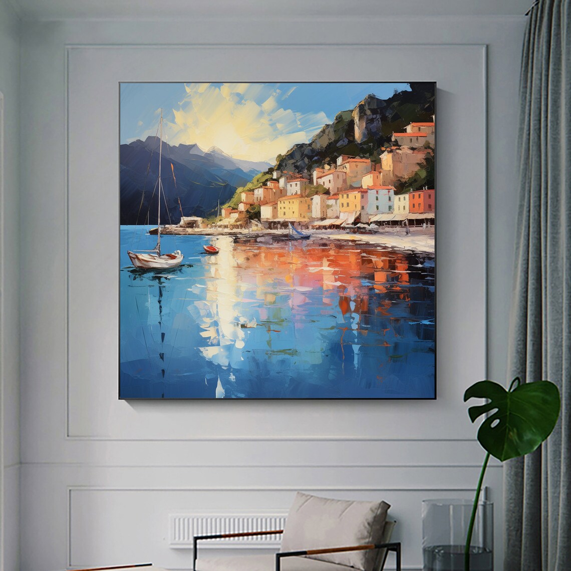 Mediterranean Coastal Village Harbor Sailboat Blue Water Poster - Image 5