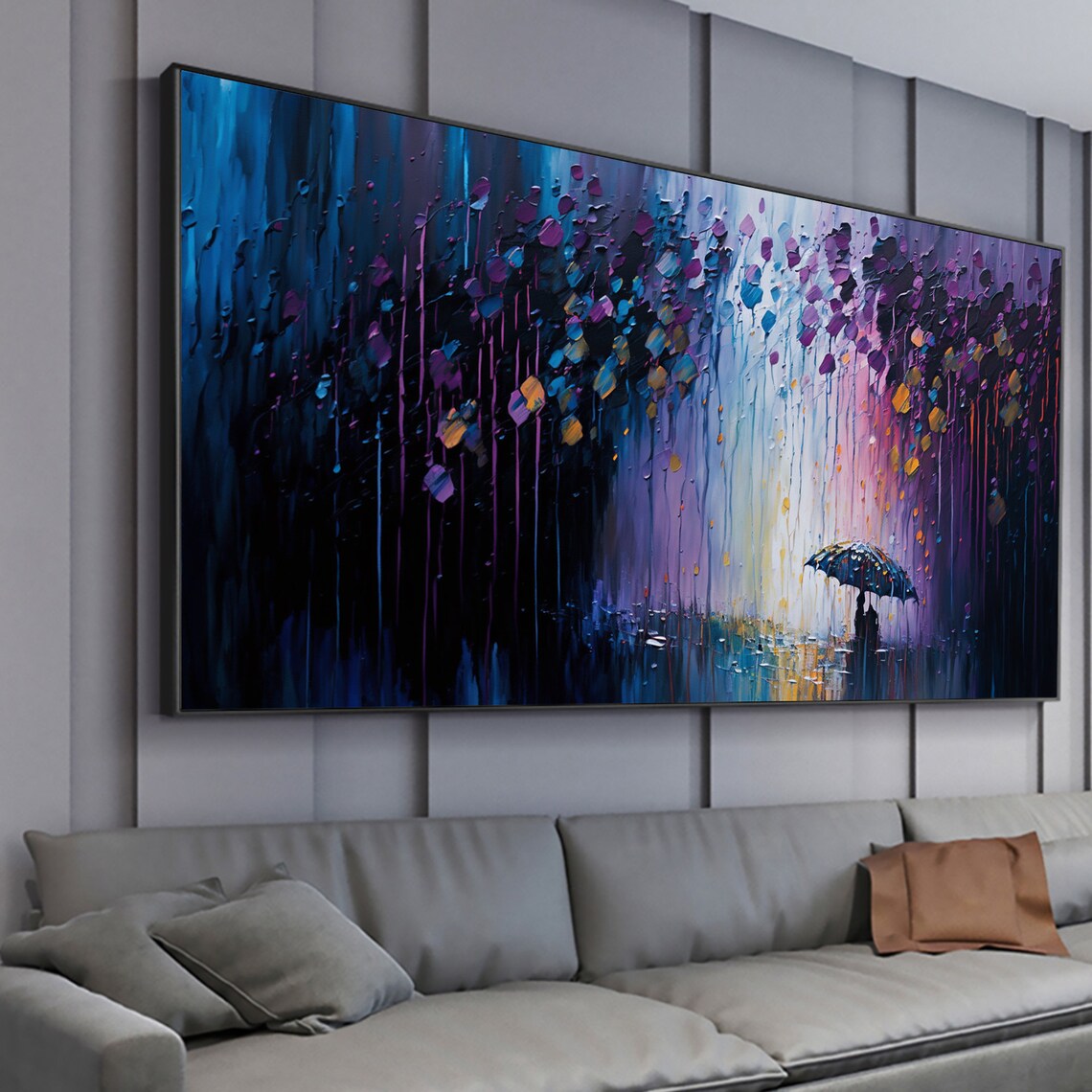 Umbrella Walker in Purple Night Rain Panoramic Oil Painting Art Print - Image 3