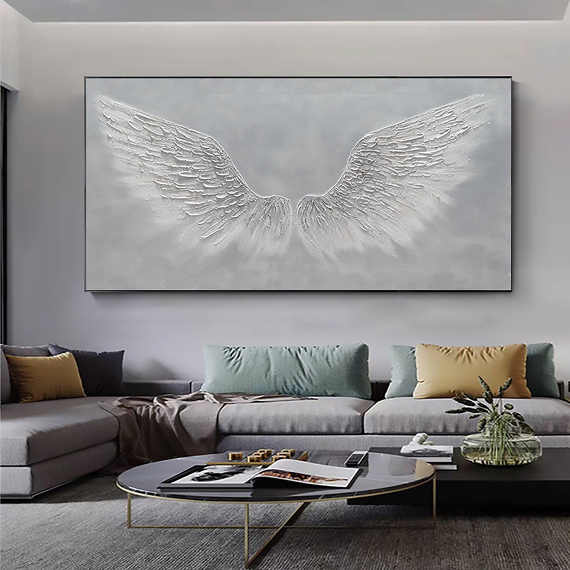 White Angel Wings Sculptural Texture Panoramic Oil Painting Art Print - Image 4