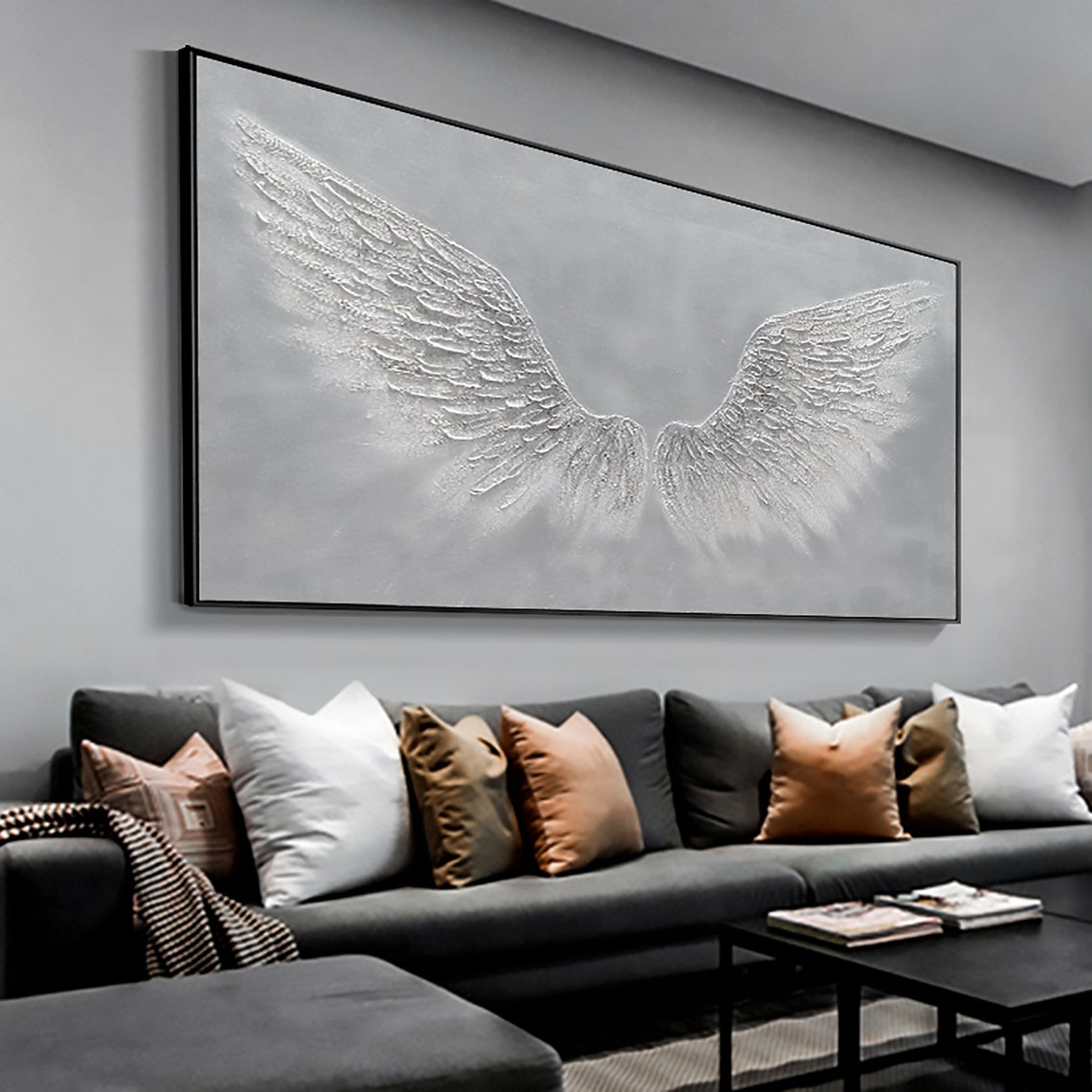 White Angel Wings Sculptural Texture Panoramic Oil Painting Art Print - Image 5