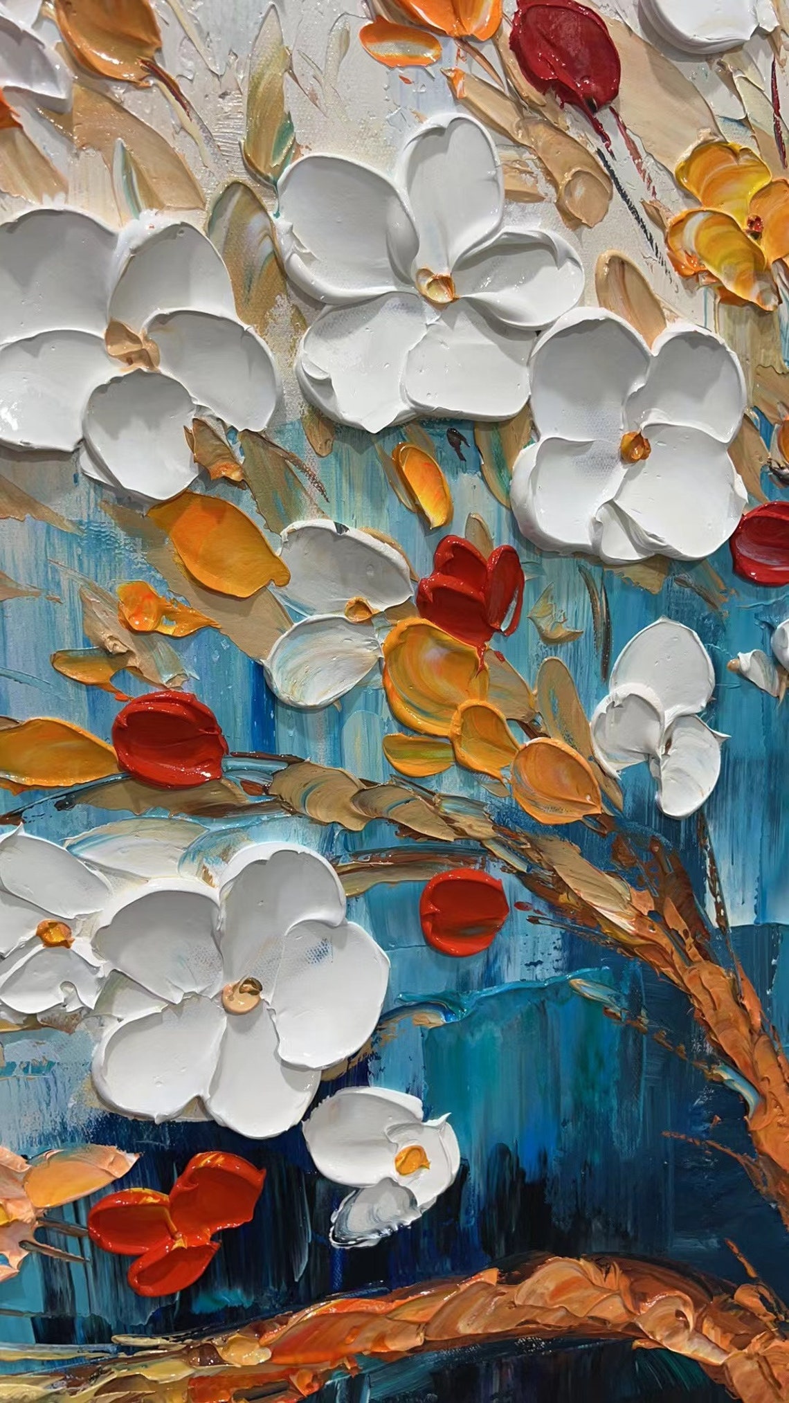 White Blossom Tree Impasto on Deep Blue Night Oil Painting Art Print - Image 3