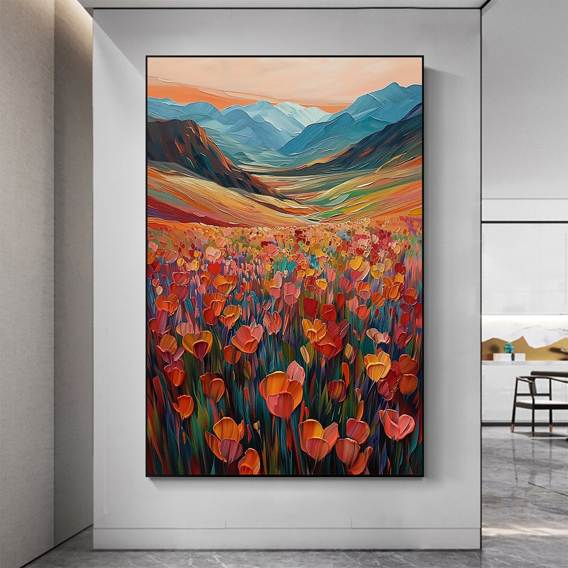 Sunset Glowing Over Red Tulip Fields Before Blue Peaks Poster - Image 6