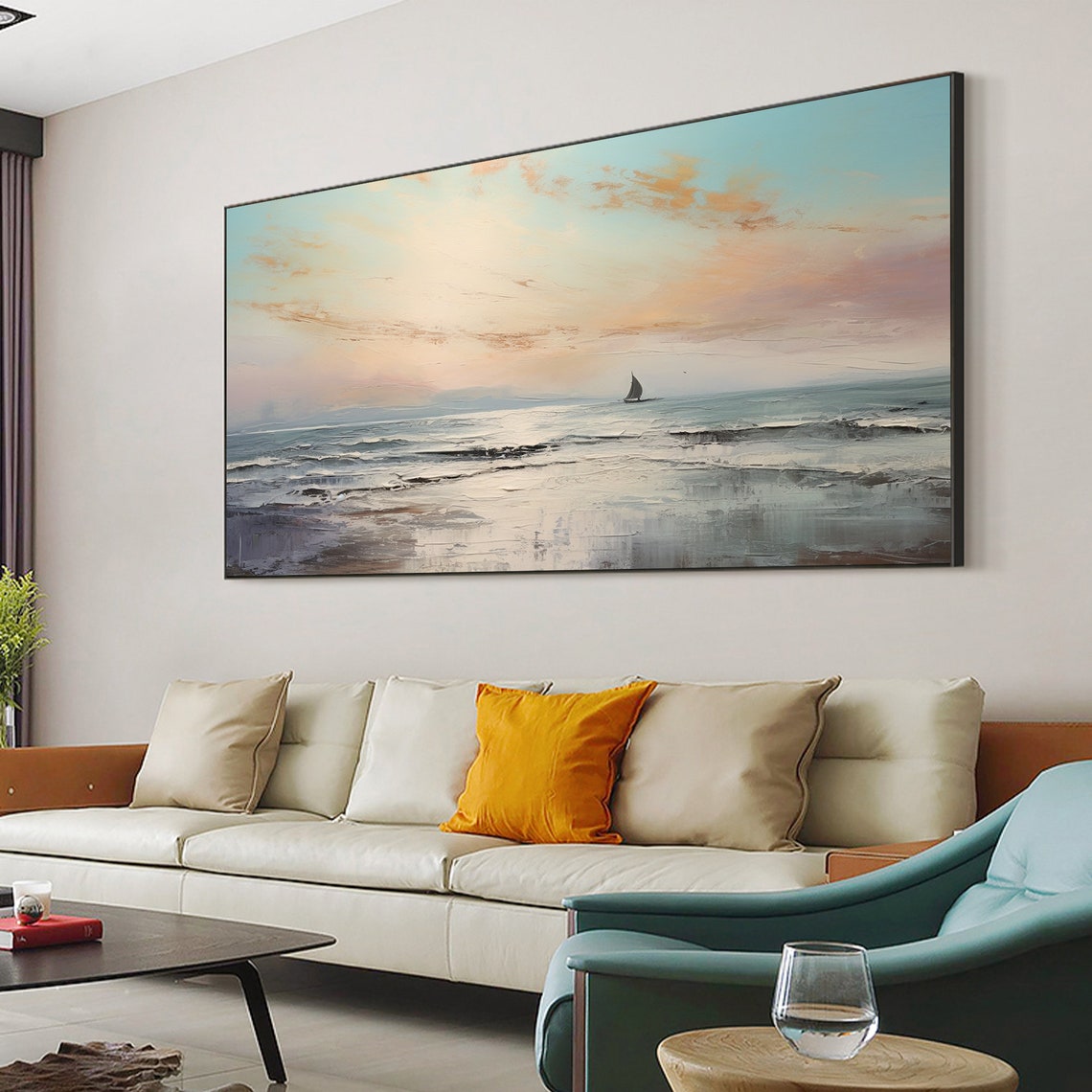 Minimalist Ocean Dawn with Lone Sailboat Calm Seascape Poster - Image 4