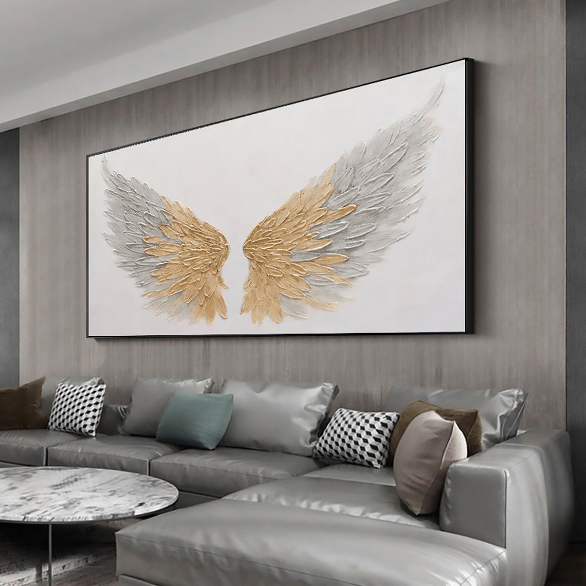Gold Grey Angel Wings White Minimalist Textured Feather Poster - Image 5
