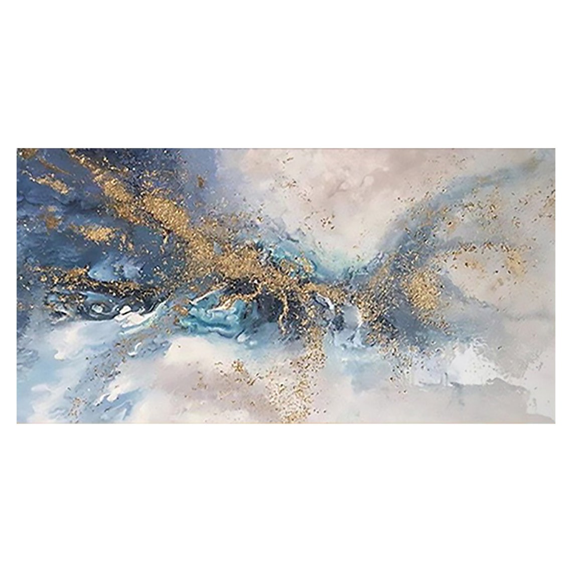 Gold Glitter Waves on Misty Blue Panoramic Oil Painting Art Print - Image 2