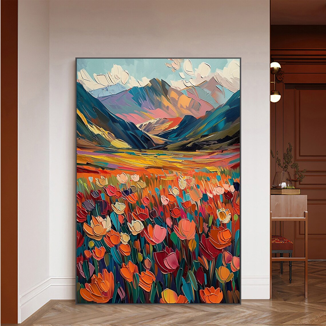 Colorful Tulip Meadow Blooming Before Majestic Mountain Peaks Poster - Image 2