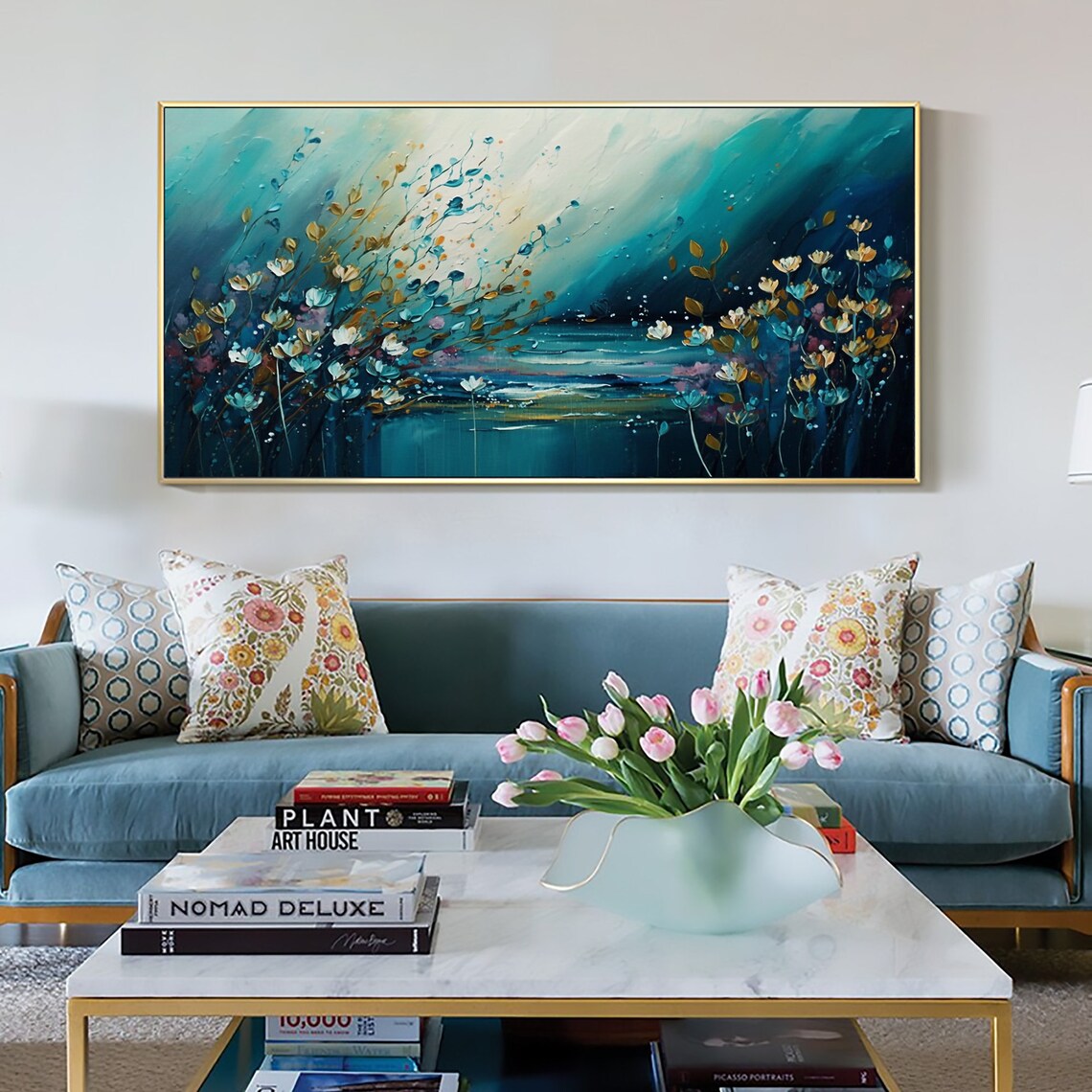 Teal Floral Seascape Gold Accent Abstract Flower Oil Painting Poster - Image 6