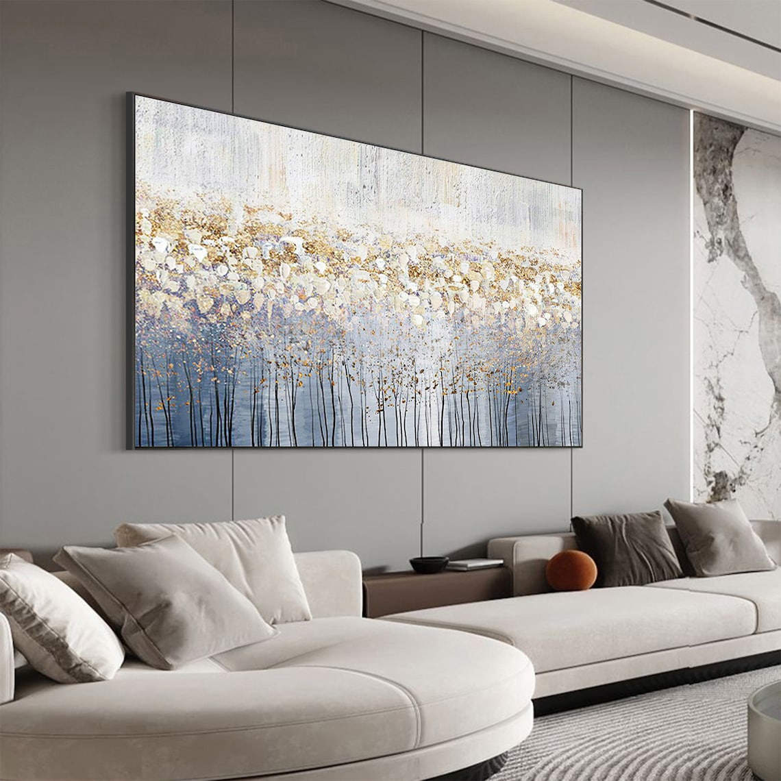 Silver Gold Birch Stems Minimalist Panoramic Oil Painting Art Print - Image 5