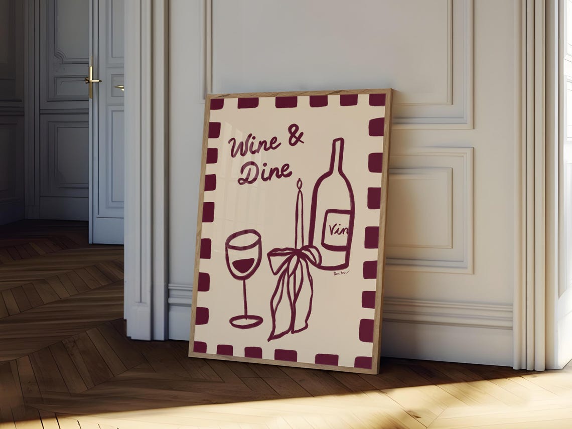 Wine And Dine Hand Drawn Wine Illustration Kitchen Retro Poster - Image 3