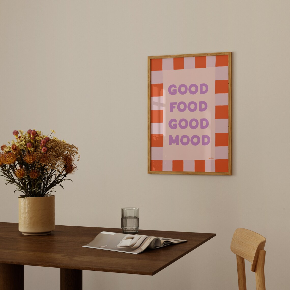 Good Food Good Mood Purple Orange Checkered Kitchen Quote Poster - Image 4