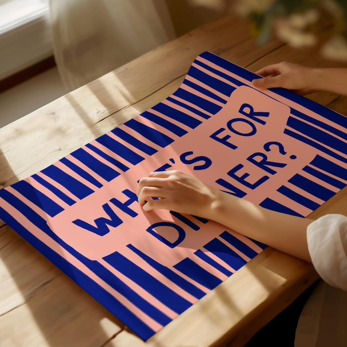 Whats For Dinner Navy Blue Pink Striped Fun Bold Kitchen Wall Art - Image 2