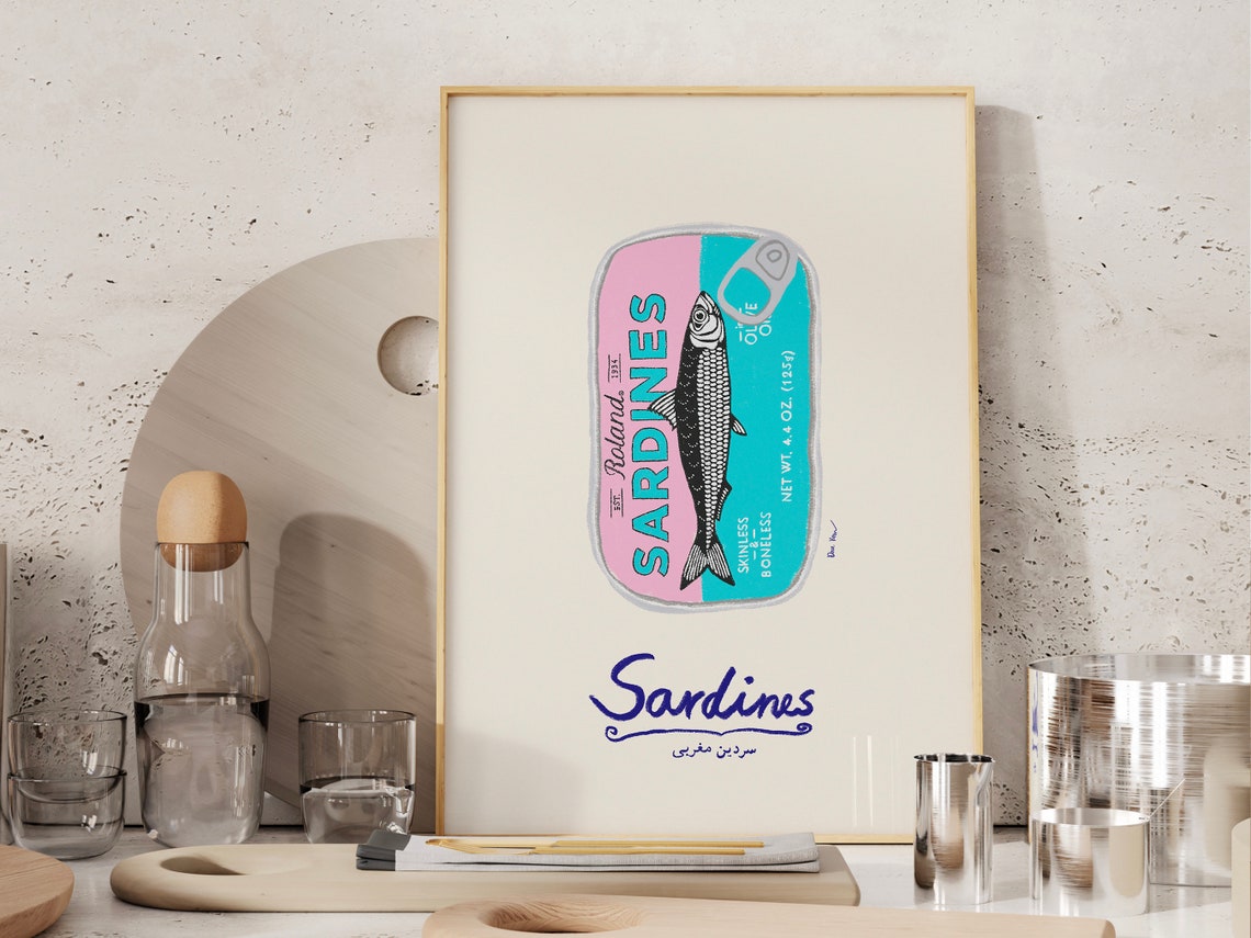 Sardines Teal And Pink Vintage Tin Kitchen Illustration Poster - Image 2