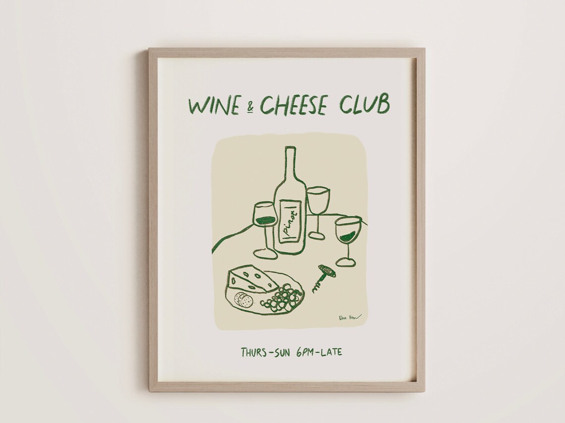 Wine and Cheese Club Line Art Pinot Glasses Kitchen Bar Poster - Image 3