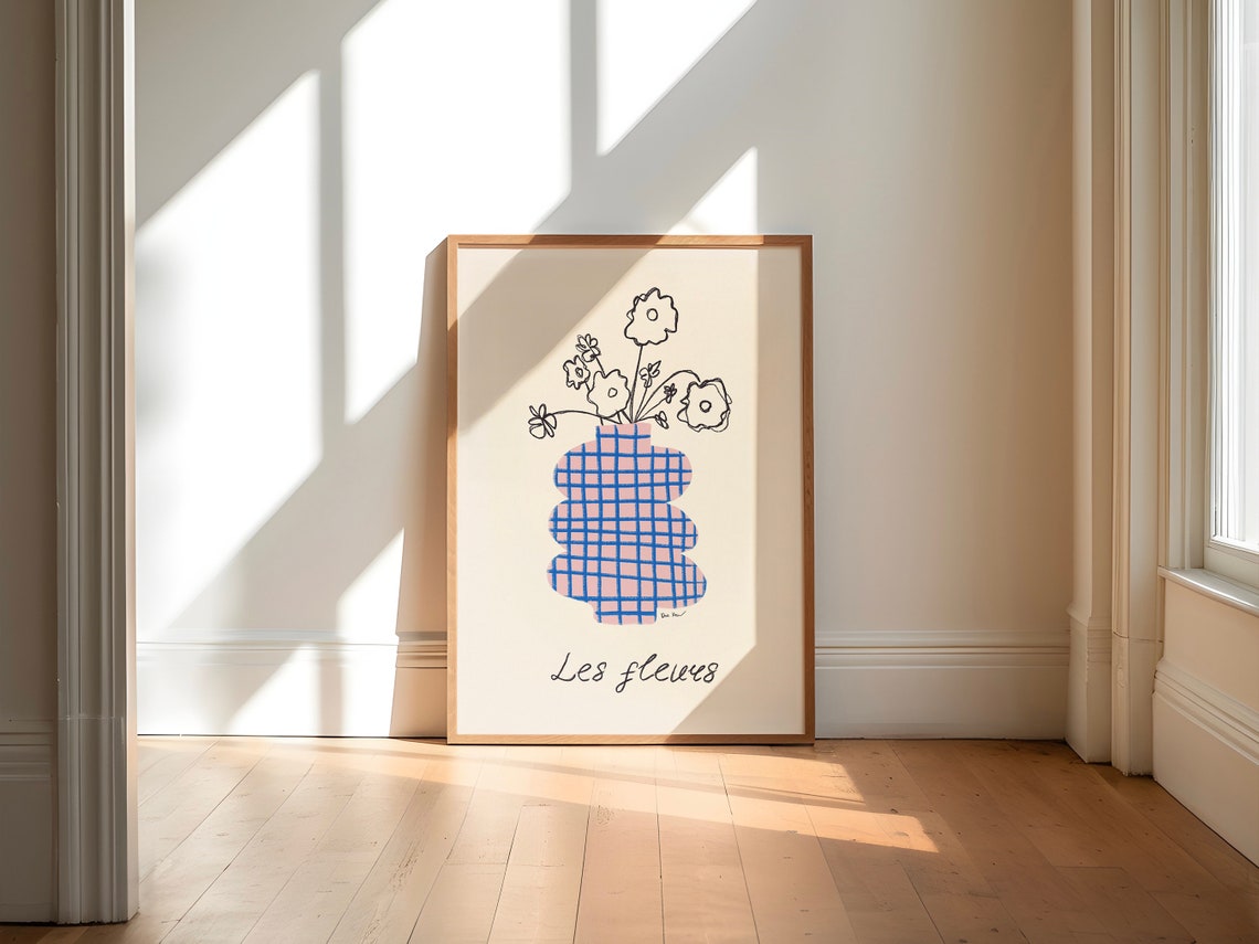Les Fleurs Blue Gingham Vase French Floral Minimalist Wall Art - Image 3