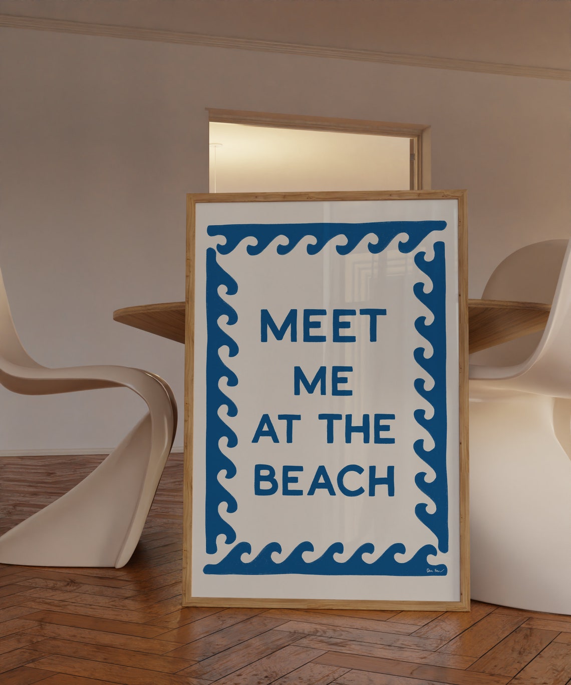 Meet Me At The Beach Blue Wave Border Coastal Typography Poster - Image 3