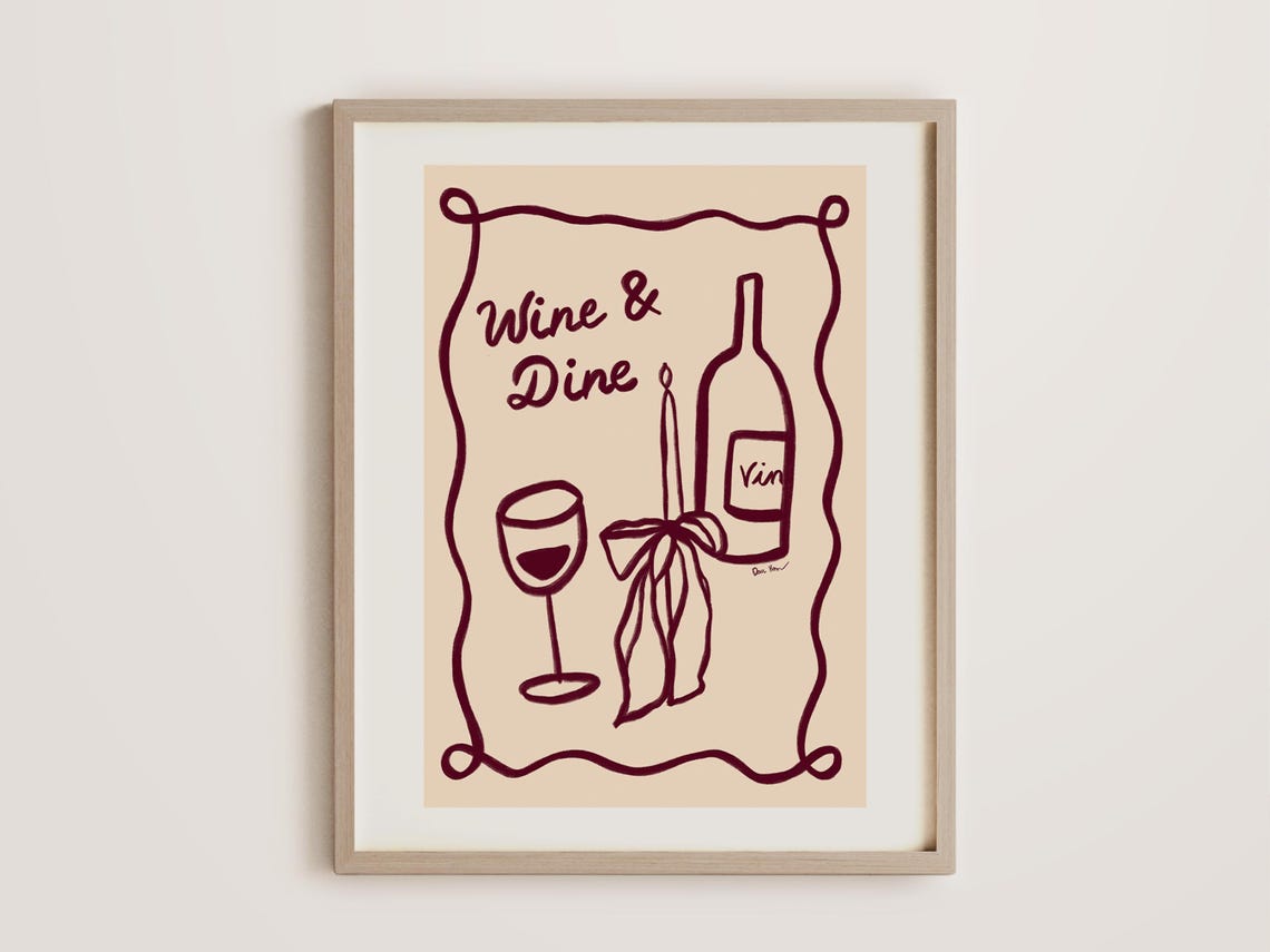 Wine And Dine Pink Squiggle Border Wine Illustration Fun Poster - Image 4