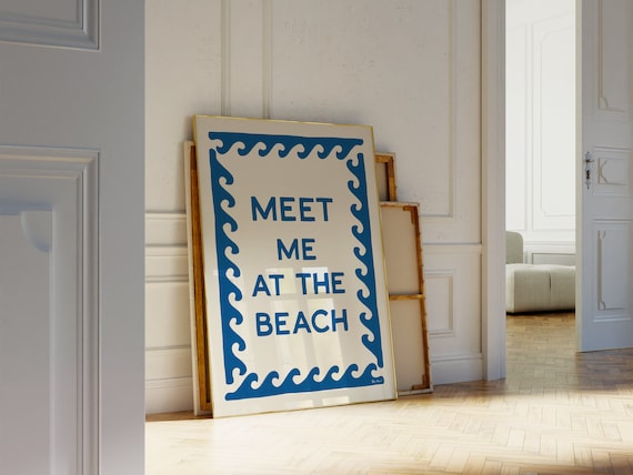 Meet Me At The Beach Blue Wave Border Coastal Typography Poster