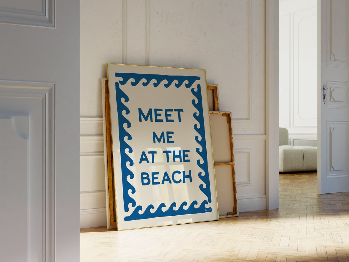 Meet Me At The Beach Blue Wave Border Coastal Typography Poster