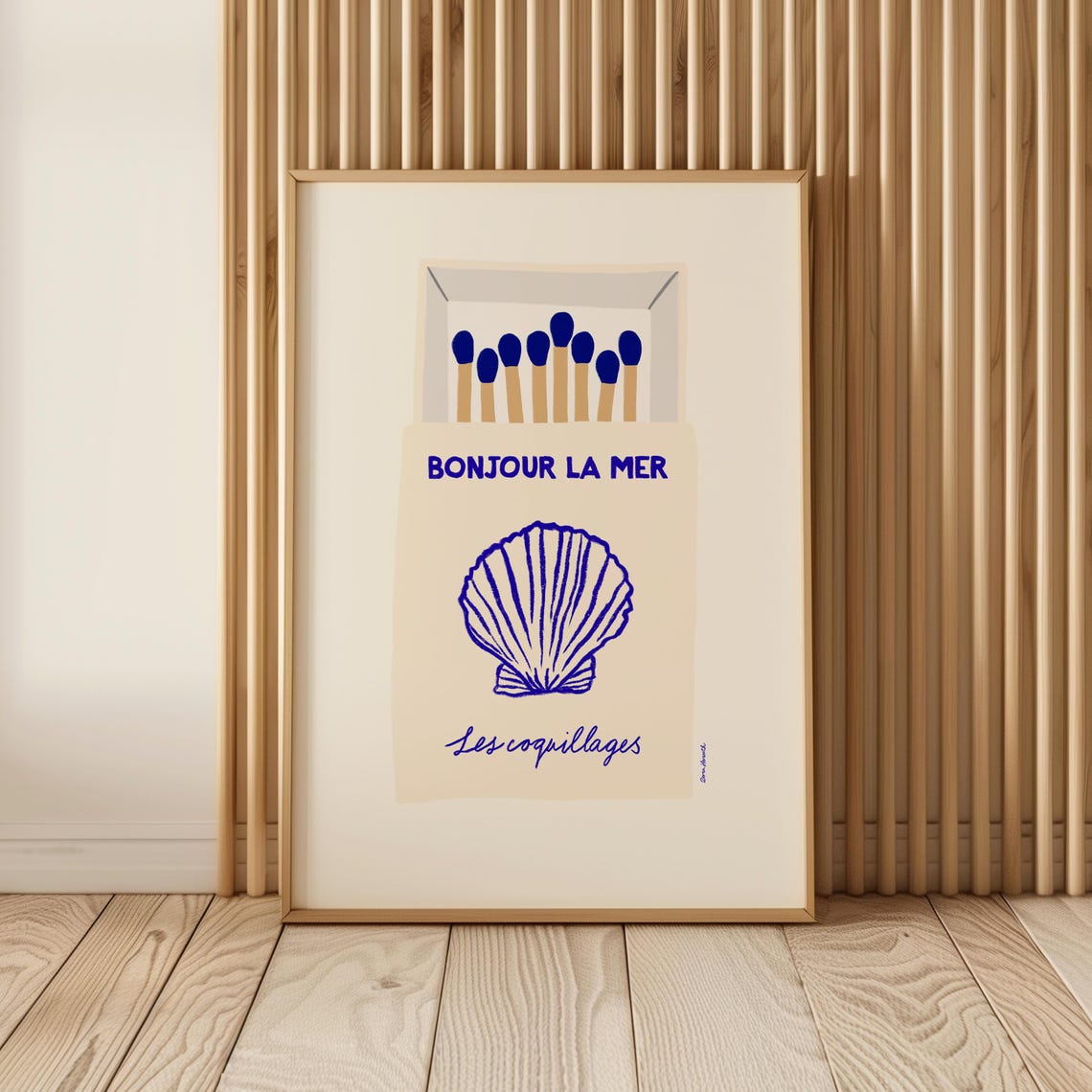 Bonjour La Mer Blue Coastal Matchbox Seashell Scallop Art Poster - Image 4