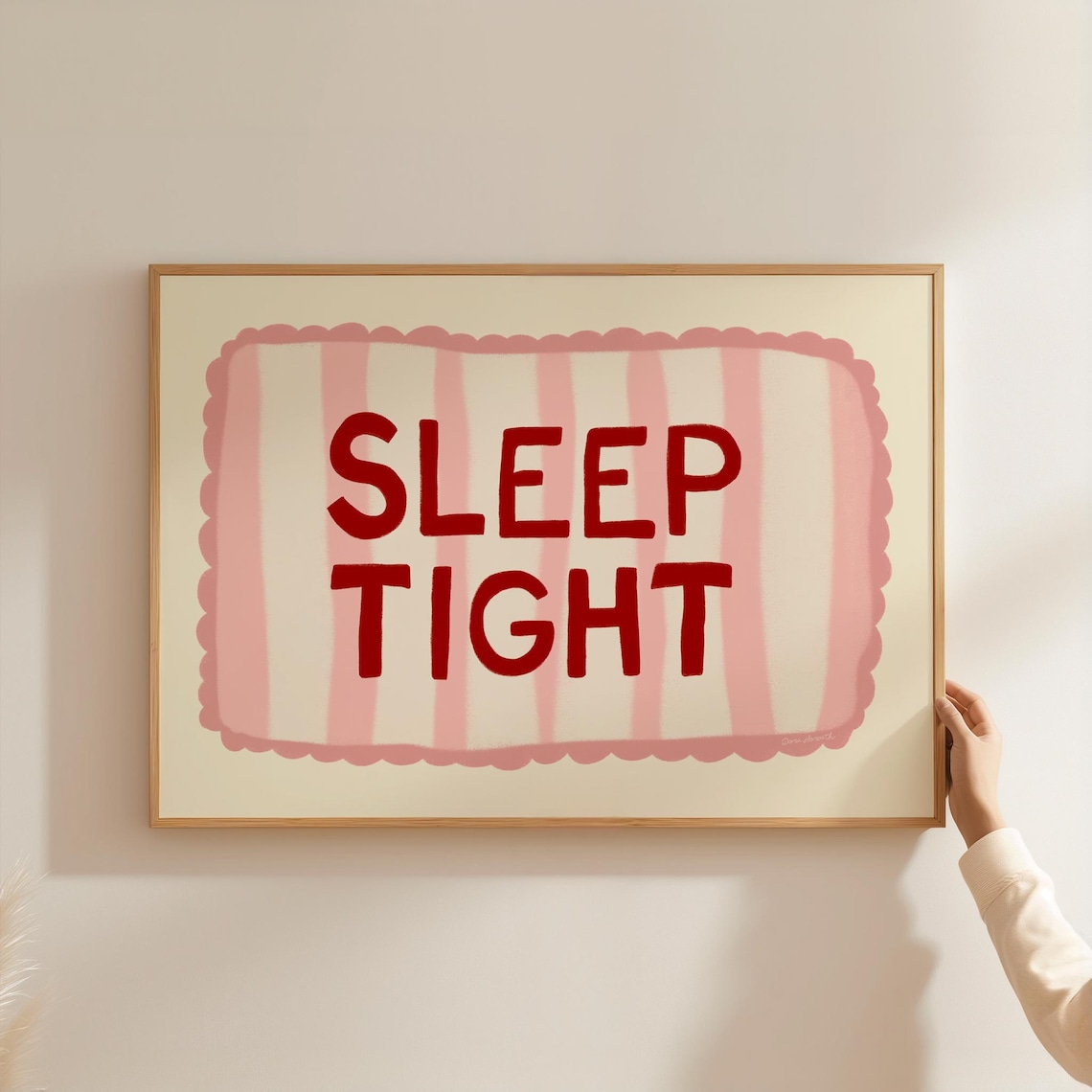Sleep Tight Red Pink Scalloped Border Fun Hand Lettered Bedroom Wall Art