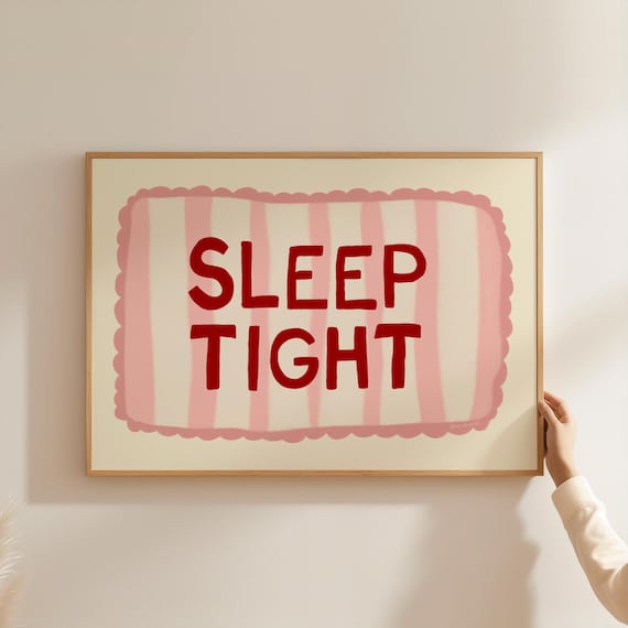 Sleep Tight Red Pink Scalloped Border Fun Hand Lettered Bedroom Wall Art