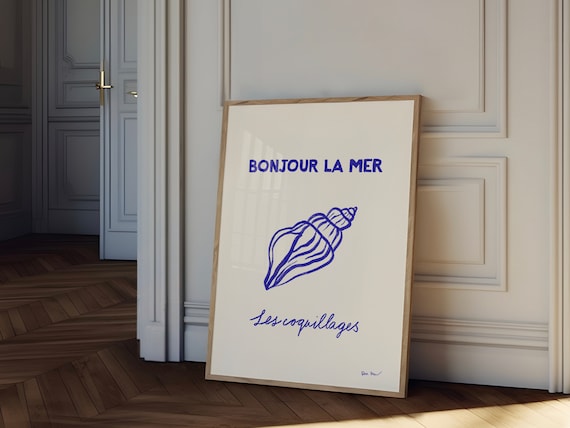 Bonjour La Mer French Blue Seashell Coastal Line Art Decor Poster
