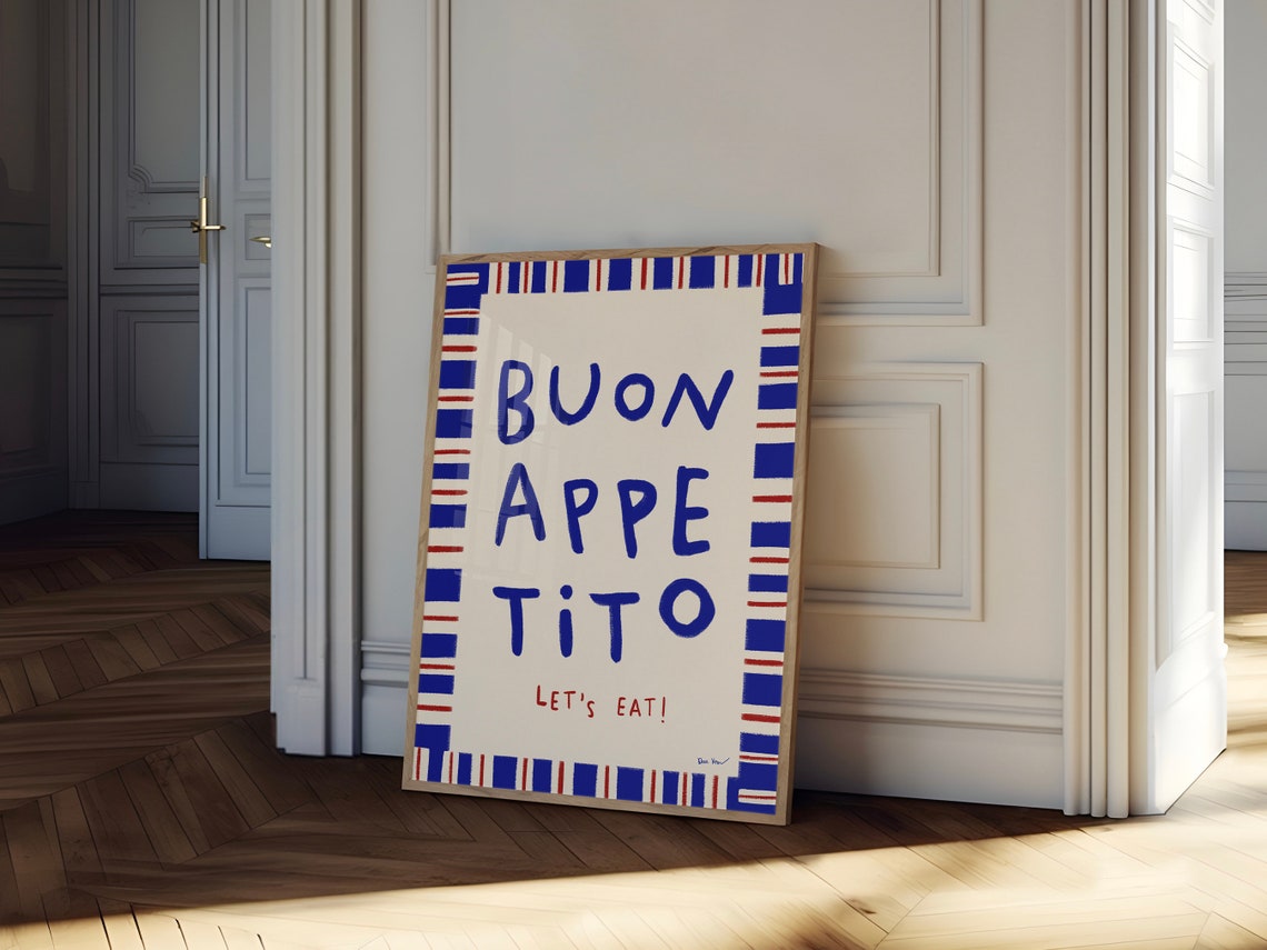 Buon Appetito Lets Eat Blue Striped Retro Italian Food Poster