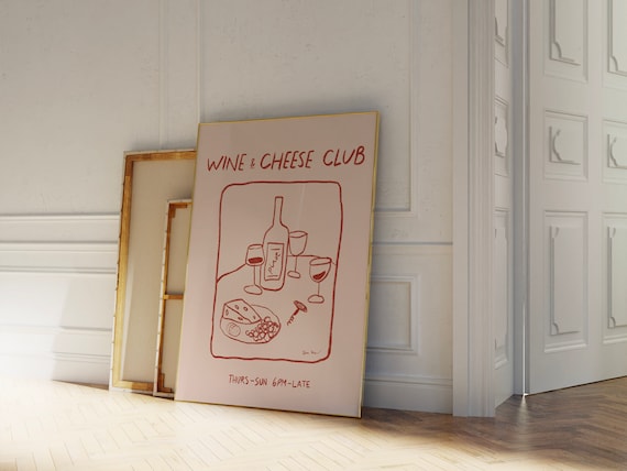Wine and Cheese Club Red Line Art Pinot Glasses Dinner Party Poster